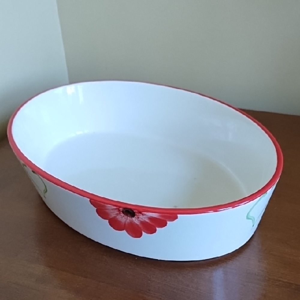Vintage Retro Ceramic Oval Serving Bowl White Red Poppy Floral Buffet Fruit Dish